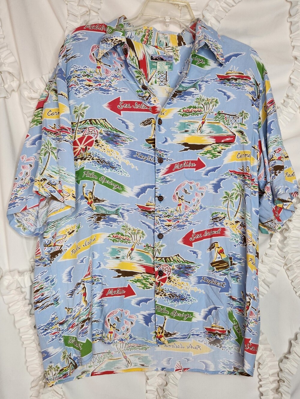 Reyn Spooner Tropical Print Malibu Keywest Signs Mermaid Button-Down Shirt Sz M